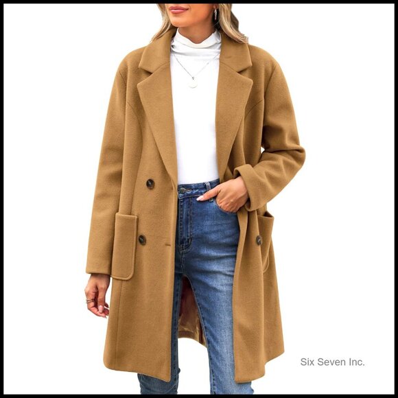 Jackets & Blazers - Wool Blend Double Breasted Pea Coat Notch Lapel Trench Coat
